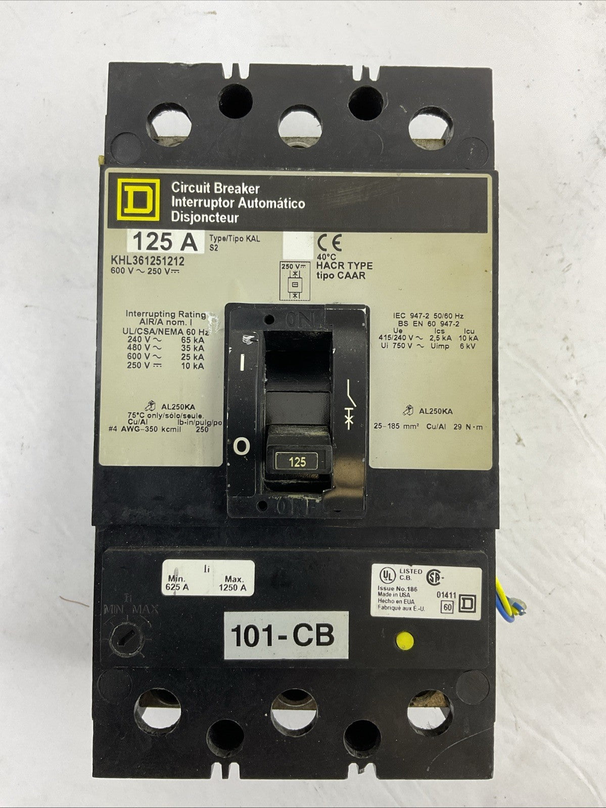 SQUARE D KHL361251212 CIRCUIT BREAKER 125A 600VAC 250VDC 3POLE TYPE S2