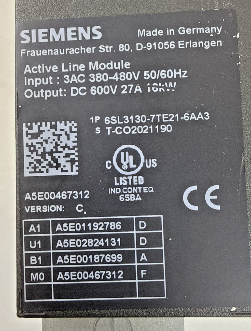 SIEMENS 6SL3130-7TE21-6AA3 SINAMICS LINE MODULE 16KW 27A 600VDC 480V 50/60HZ