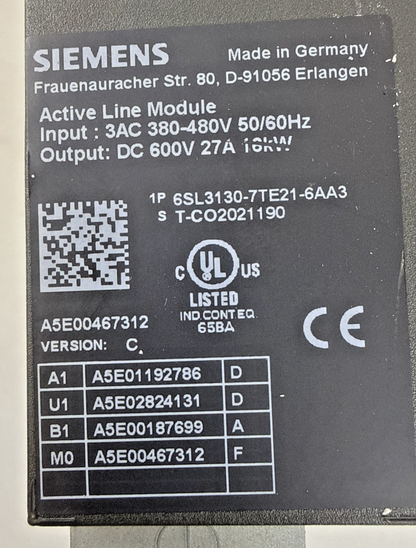SIEMENS 6SL3130-7TE21-6AA3 SINAMICS LINE MODULE 16KW 27A 600VDC 480V 50/60HZ