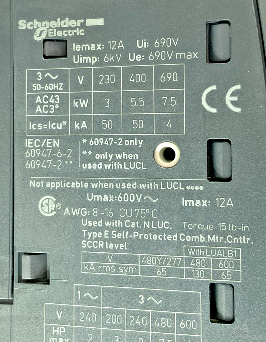 SCHNEIDER ELECTRIC LUCA05FU MANUAL MOTOR STARTER 240V CLASS10