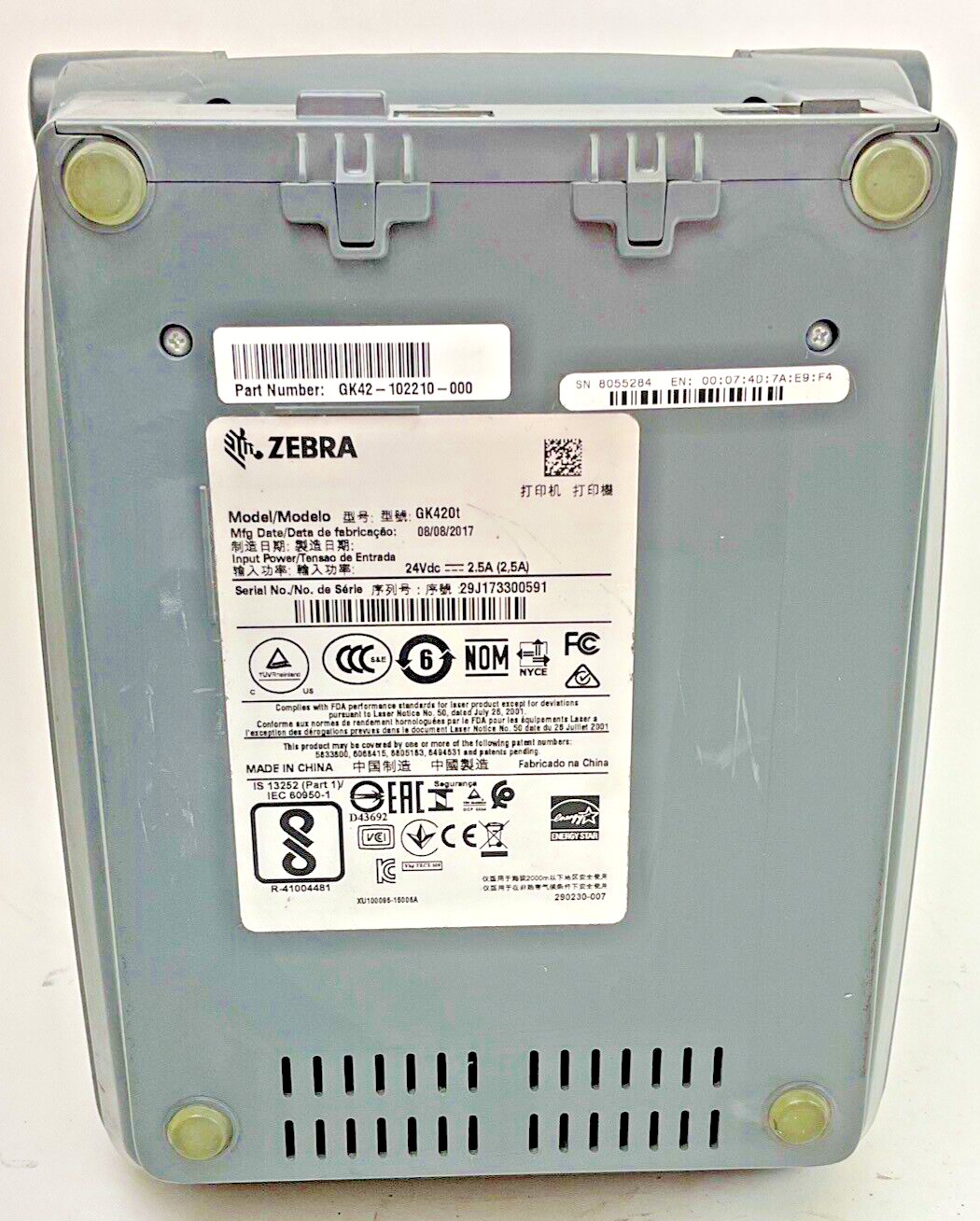 ZEBRA GK420T THERMAL LABEL PRINTER 24VDC 2.5A *NO POWER CORD*