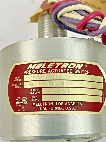 MELETRON - 420E-3A - PRESSURE ACTUATED SWITCH - ADJ. 0.1 - 3 PSI, PROOF 6 PSI