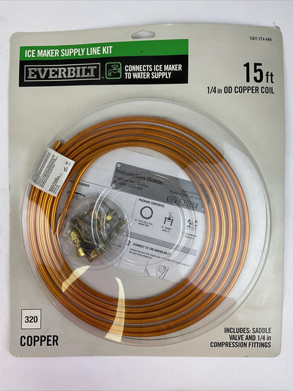 EVERBILT 1001 274 449 ICE MAKER SUPPLY LINE KIT 15FT 1/4" OD COPPER COIL