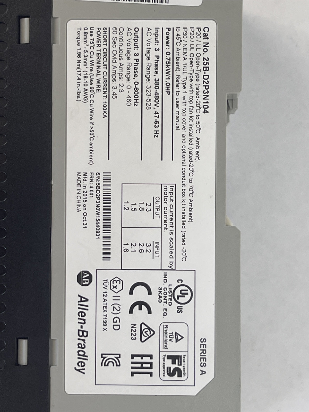 ALLEN BRADLEY 25B-D2P3N104 POWER FLEX 525 AC DRIVE FRN 4.001 SER A OUTPUT 2.3A