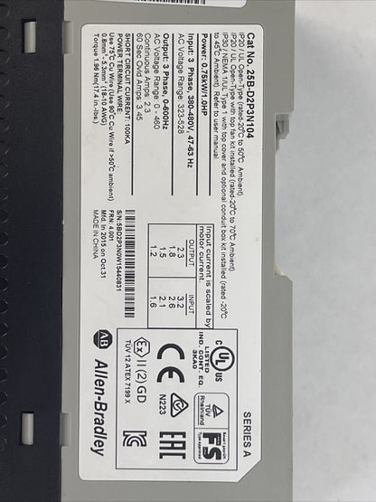 ALLEN BRADLEY 25B-D2P3N104 POWER FLEX 525 AC DRIVE FRN 4.001 SER A OUTPUT 2.3A