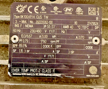 NORD 372.1-100AP/4 CUS TW GEAR MOTOR 5HP 230/460 3.70KW 1760RPM 13.3/6.67A