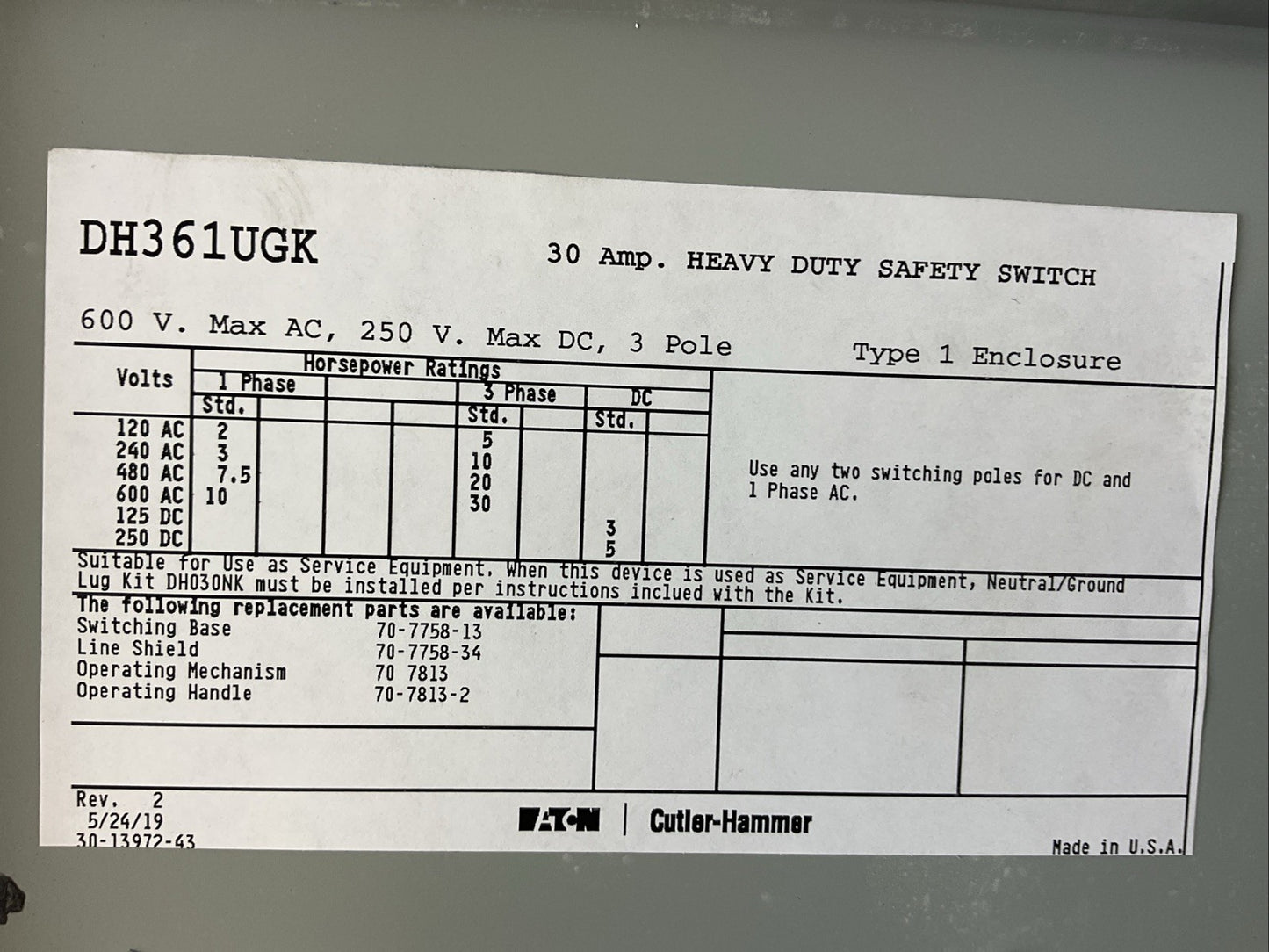 EATON DH361UGK 600VAC 30HP 30A 250VDC 5HP NON-FUSIBLE SAFETY SWITCH