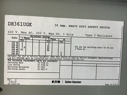 EATON DH361UGK 600VAC 30HP 30A 250VDC 5HP NON-FUSIBLE SAFETY SWITCH
