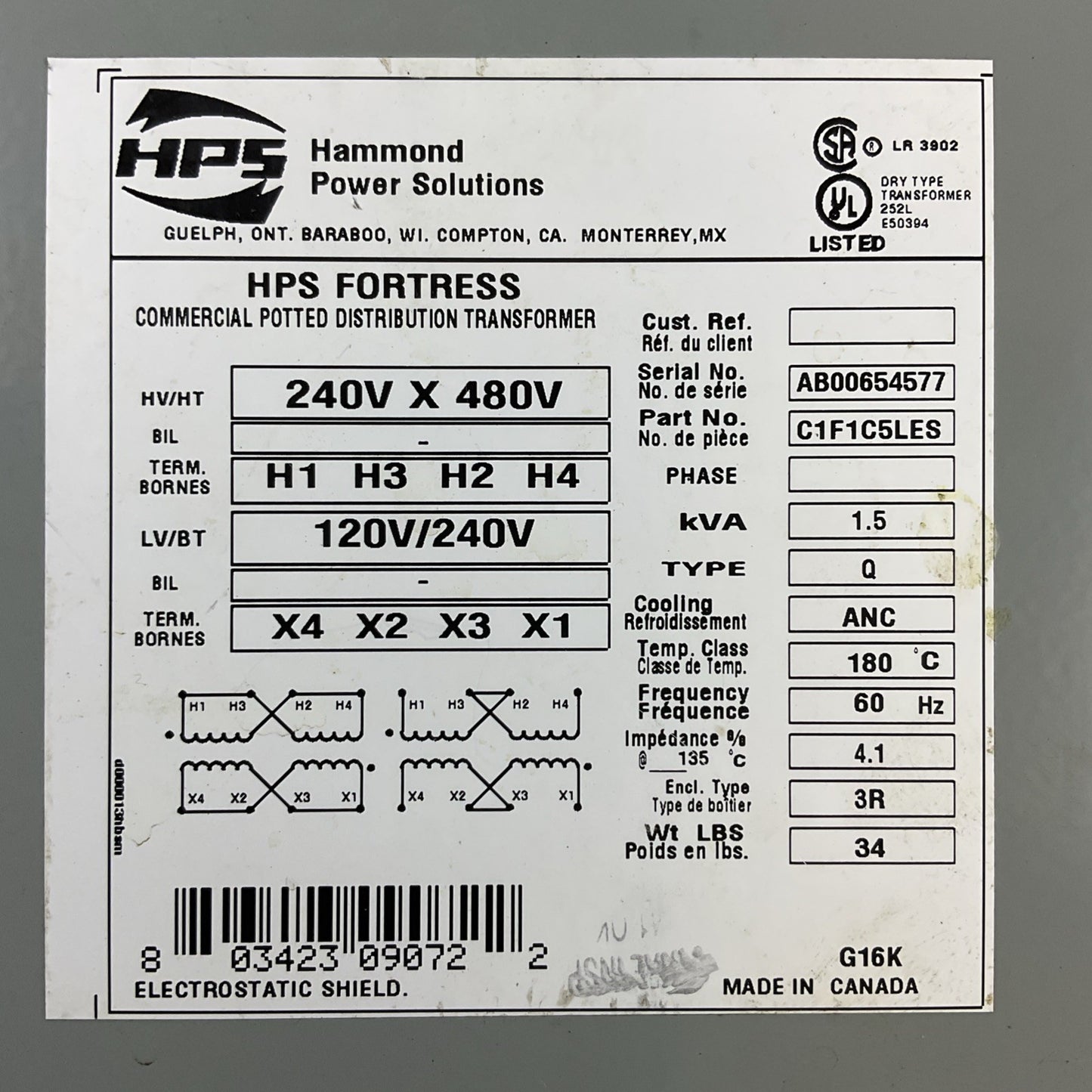 HAMMOND POWER SOLUTIONS C1F1C5LES 240V X 480V 120V/240V 1.5kVA COMMERCIAL POTTED