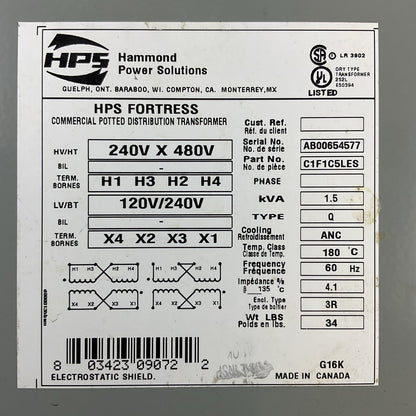 HAMMOND POWER SOLUTIONS C1F1C5LES 240V X 480V 120V/240V 1.5kVA COMMERCIAL POTTED