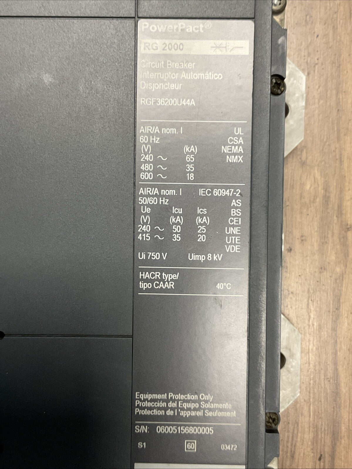 SQUARE D RGF36200U44A POWERPACT RG 2000 CIRCUIT BREAKER 600VAC 3POLE 2000AMP