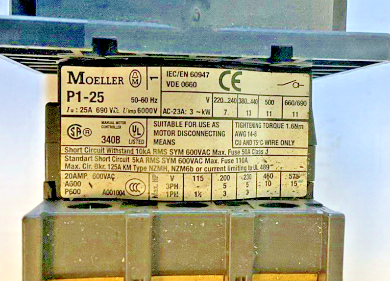 MOELLER P1-25 ON -OFF SWITCH 690VAC 25A 50-60HZ