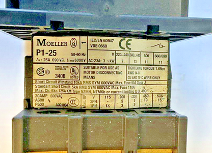 MOELLER P1-25 ON -OFF SWITCH 690VAC 25A 50-60HZ