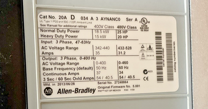 ALLEN BRADLEY 20AD034A3AYNANC0 POWER FLEX AC DRIVE 70 FRM 5.001