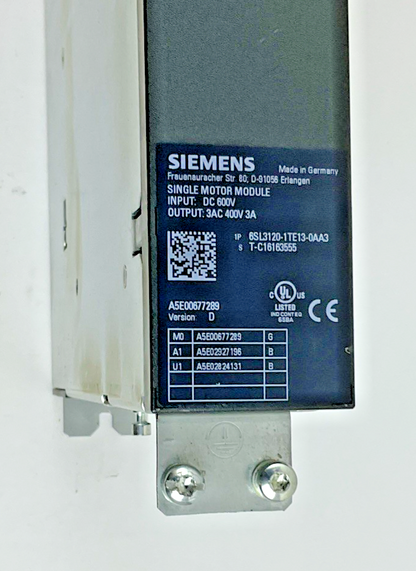 SIEMENS 6SL3120-1TE13-0AA3 SINGLE MOTOR MODULE  600VDC