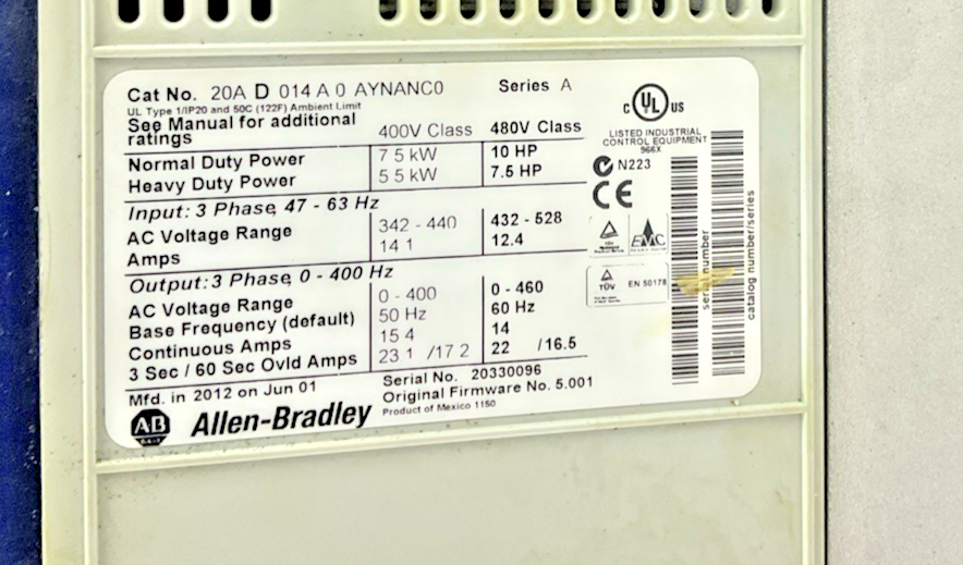 ALLEN BRADLEY 20AD014A0AYNANC0 POWERFLEX AC DRIVE SER.A 480V FRM:5.001 10HP