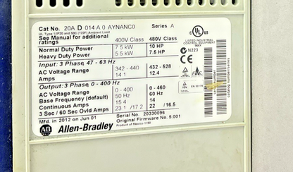 ALLEN BRADLEY 20AD014A0AYNANC0 POWERFLEX AC DRIVE SER.A 480V FRM:5.001 10HP