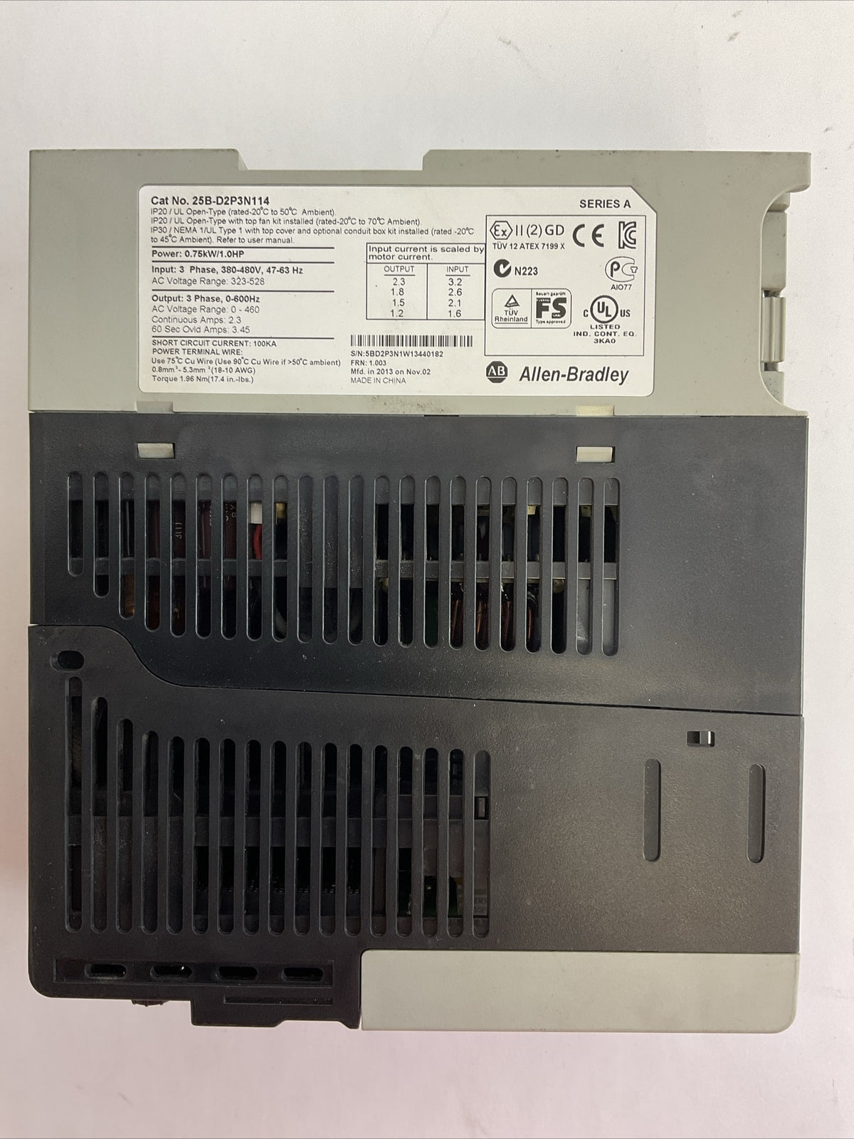 ALLEN BRADLEY 25B-D2P3N114 AC DRIVE FRN 1.003 OUTPUT 0-460VAC SER A