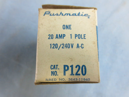 I-T-E IMPERIAL PUSHMATIC P120 CIRC BRKR 20A SINGLE-POLE 120/240VAC - NEW SURPLUS