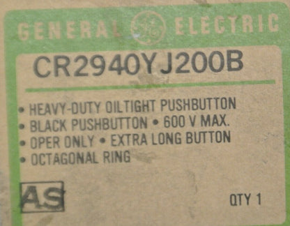 G.E. CR2940YJ200B H.D. OILTIGHT PUSHBUTTON OPERATOR / BLACK / 600V / NEW SURPLUS