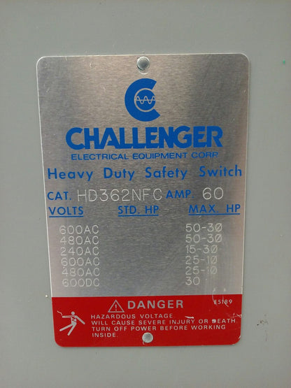 CHALLENGER HD362NFC, SAFETY SWITCH, TYPE 1 INDOOR, 60A, 600VAC/600DC, 3P, USED