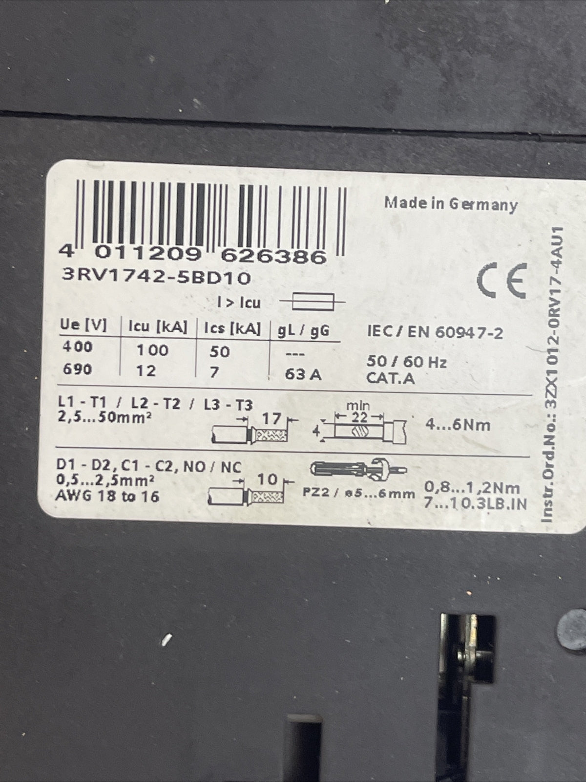 SIEMENS 3RV1742-5BD10 CIRCUIT BREAKER 600VAC 600Y/347VAC 20kA 480Y/277VAC 65kA
