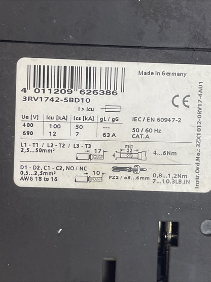 SIEMENS 3RV1742-5BD10 CIRCUIT BREAKER 600VAC 600Y/347VAC 20kA 480Y/277VAC 65kA