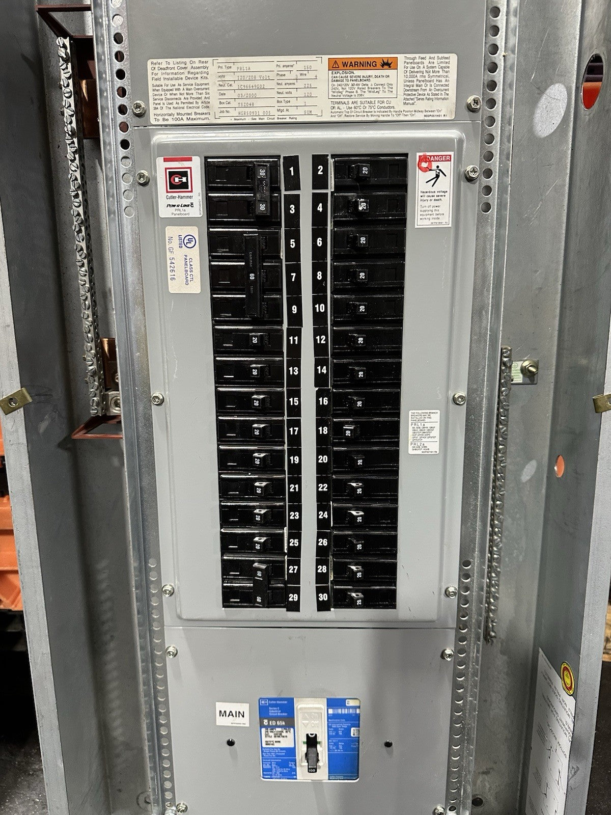 Cutler Hammer PRL1A Panelboard 150AMP 120/208V 3PH 4W 30 Space 100AMP Main
