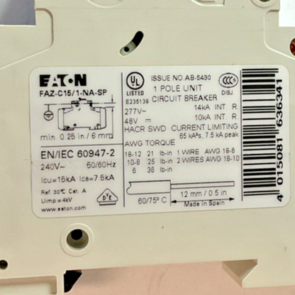 EATON FAZ-C15/1-NA-SP CIRCUIT BREAKER 15A 277VAC 48VDC