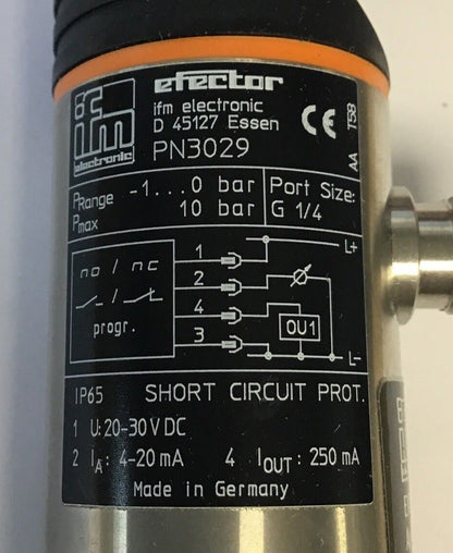 IFM EFECTOR PN3029 PRESSURE SENSOR 30VDC 4-20MA