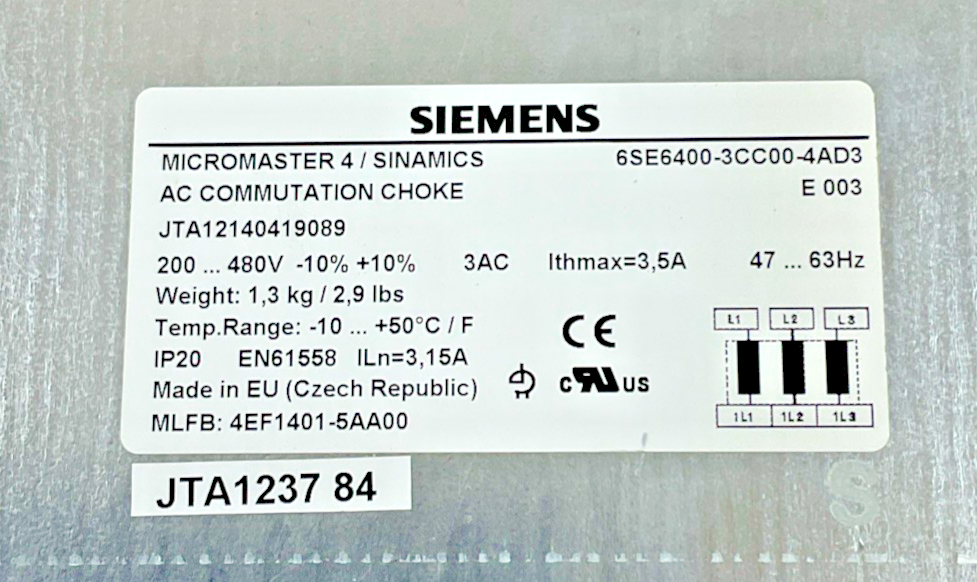 SIEMENS 6SE6400-3CC00-4AD3 AC COMMUNICATION CHOKE 480V 63HZ