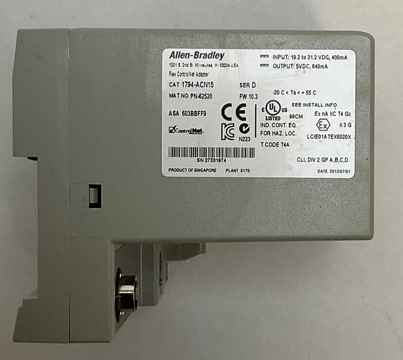 ALLEN BRADLEY 1794-ACN15 FLEX I/O CONTROL NET ADAPTER OUTPUT 5VDC 640mA INPUT