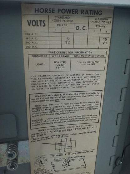 ITE V7E3611R TWIN FUSIBLE VACU BREAK PANELBOARD SWITCH 600V 30A 20HP 3P 3PH