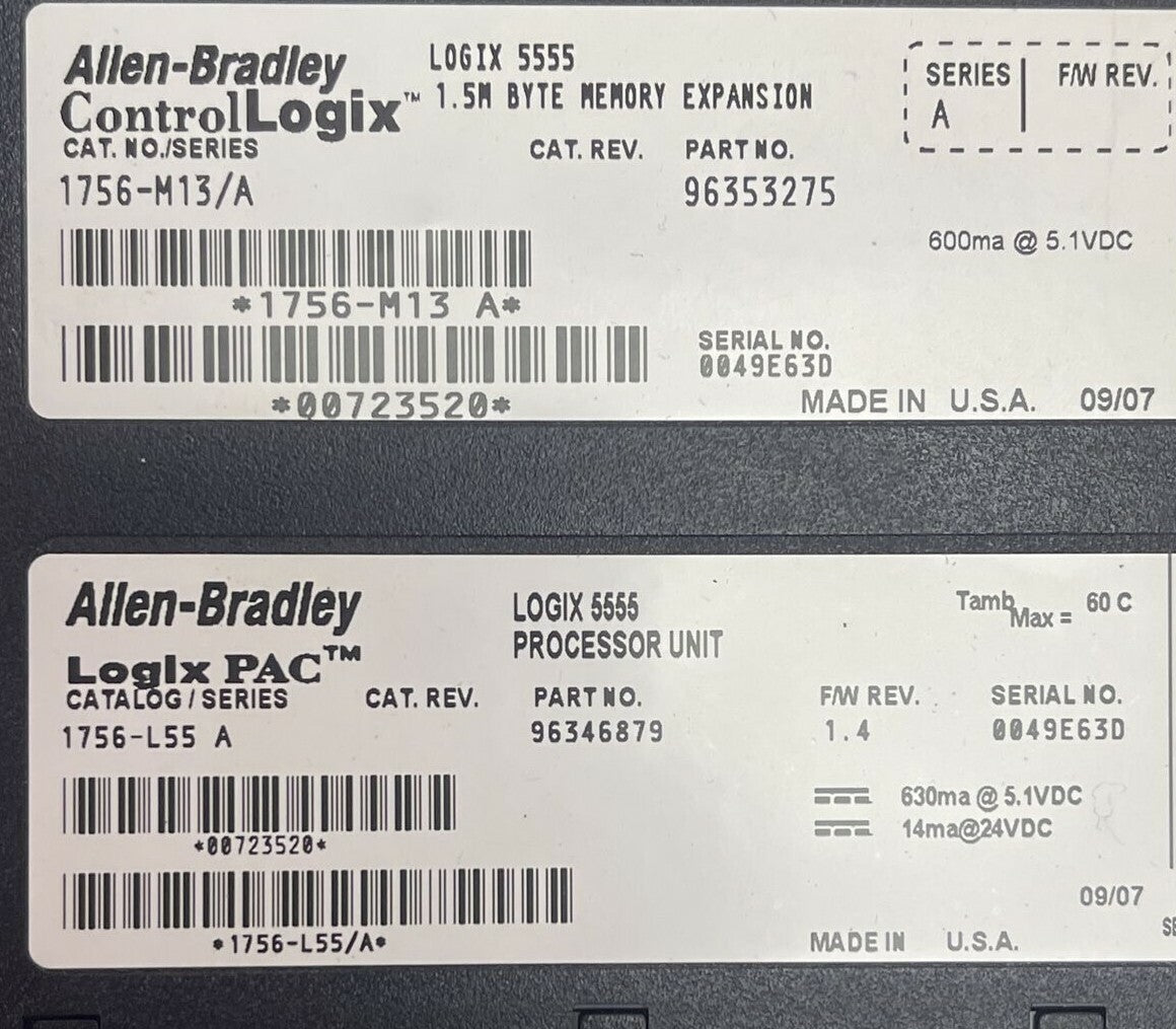 ALLEN BRADLEY 1756-L55 SER A F/W REV 1.4 LOGIX PROCESSOR UNIT 1756-M13 SER A