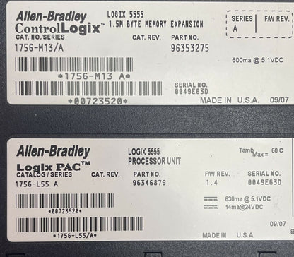 ALLEN BRADLEY 1756-L55 SER A F/W REV 1.4 LOGIX PROCESSOR UNIT 1756-M13 SER A