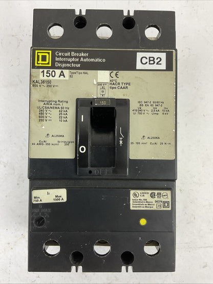 SQUARE D KAL36150 600VAC 250VDC 150AMP TYPE S2 3POLE CIRCUIT BREAKER