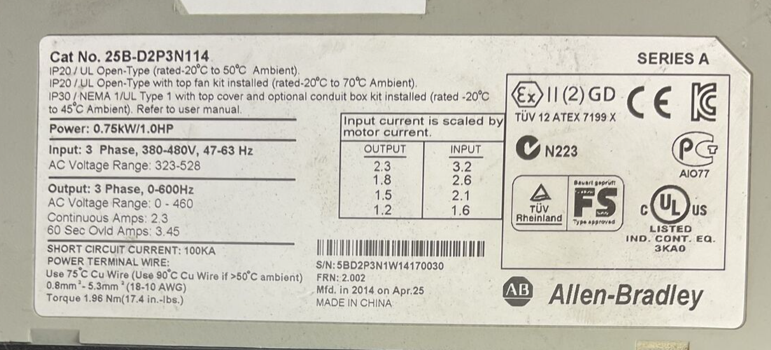 ALLEN BRADLEY 25B-D2P3N114 AC DRIVE FRN 2.002 OUTPUT 0-460VAC SER A