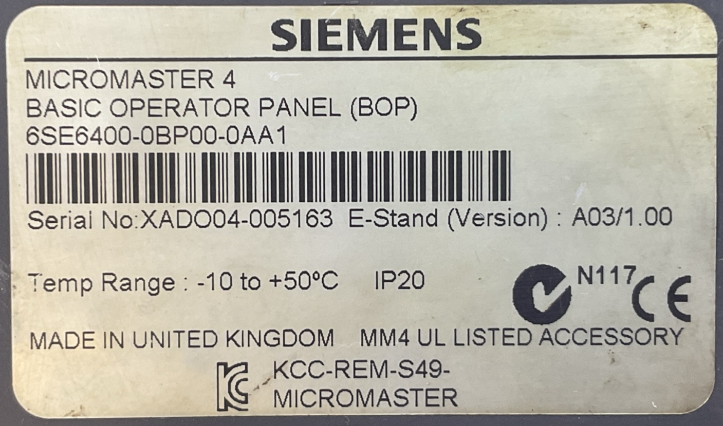 SIEMENS 6ES6400-0BP00-0AA1 MICRO MASTER 4 BASIC OPERATOR PANEL VERSION A03/1.00