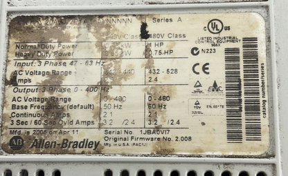 ALLEN BRADLEY 20AD2P1A0AYNNNNN POWERFLEX 70 MOTOR DRIVE SER.A 1HP 3PH