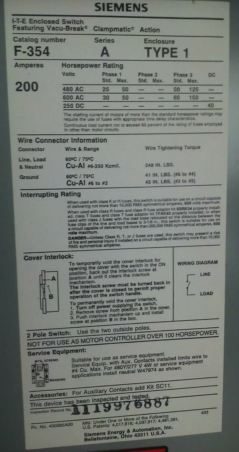 SIEMENS ITE F354 SER. A VACU-BREAK SWITCH CLAMPMATIC 3PH 200A 600V 150HP TYPE 1