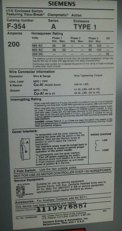 SIEMENS ITE F354 SER. A VACU-BREAK SWITCH CLAMPMATIC 3PH 200A 600V 150HP TYPE 1