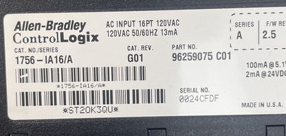 ALLEN BRADLEY 1756-IA16 CAT REV G01 F/W REV 2.5 SER A AC INPUT 16PT 120VAC