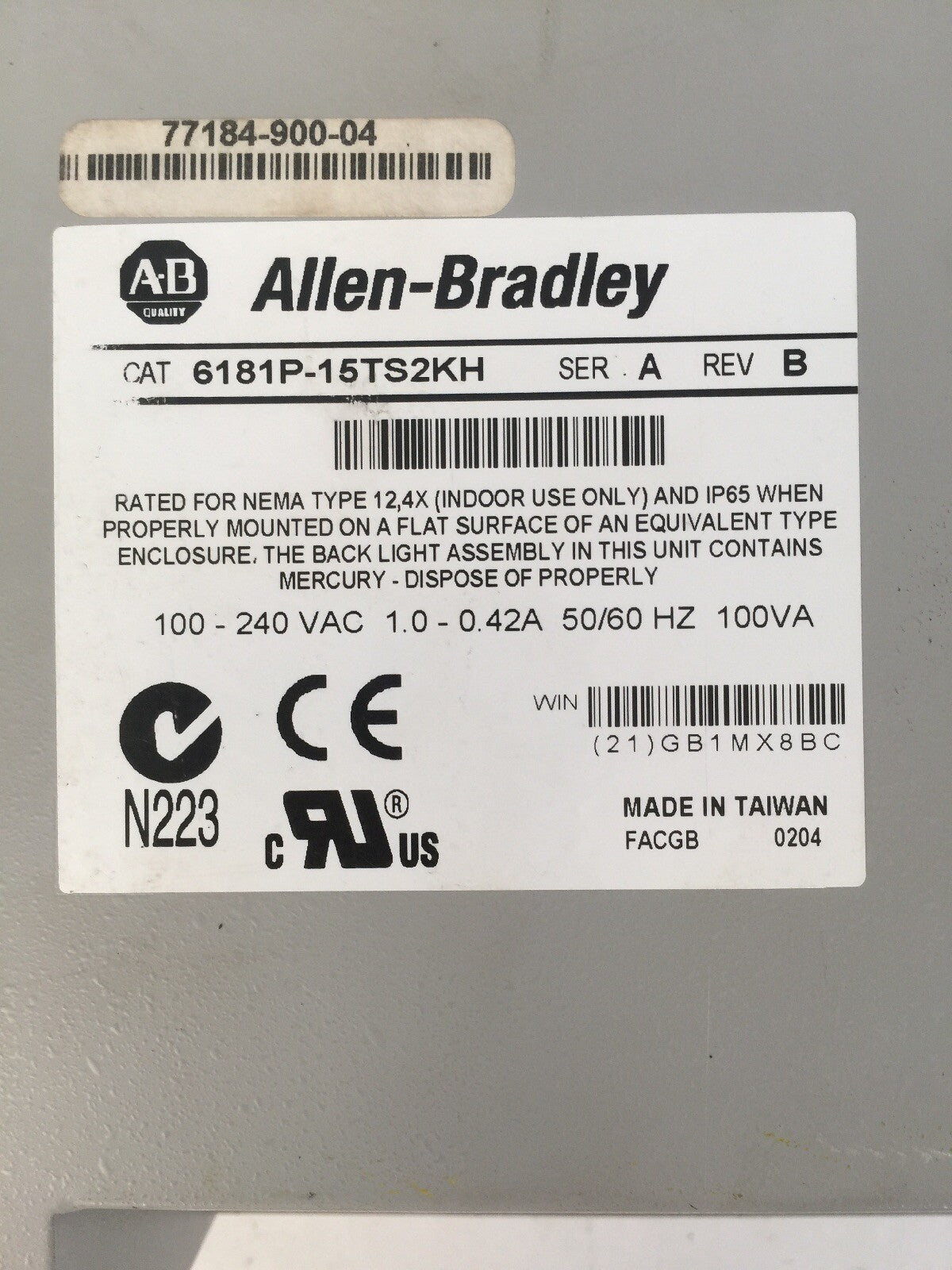 ALLEN BRADLEY 6181P-15TS2KH VERSAVIEW 1500P 100-240VAC 1.0-0.42A 50/60HZ 100VA