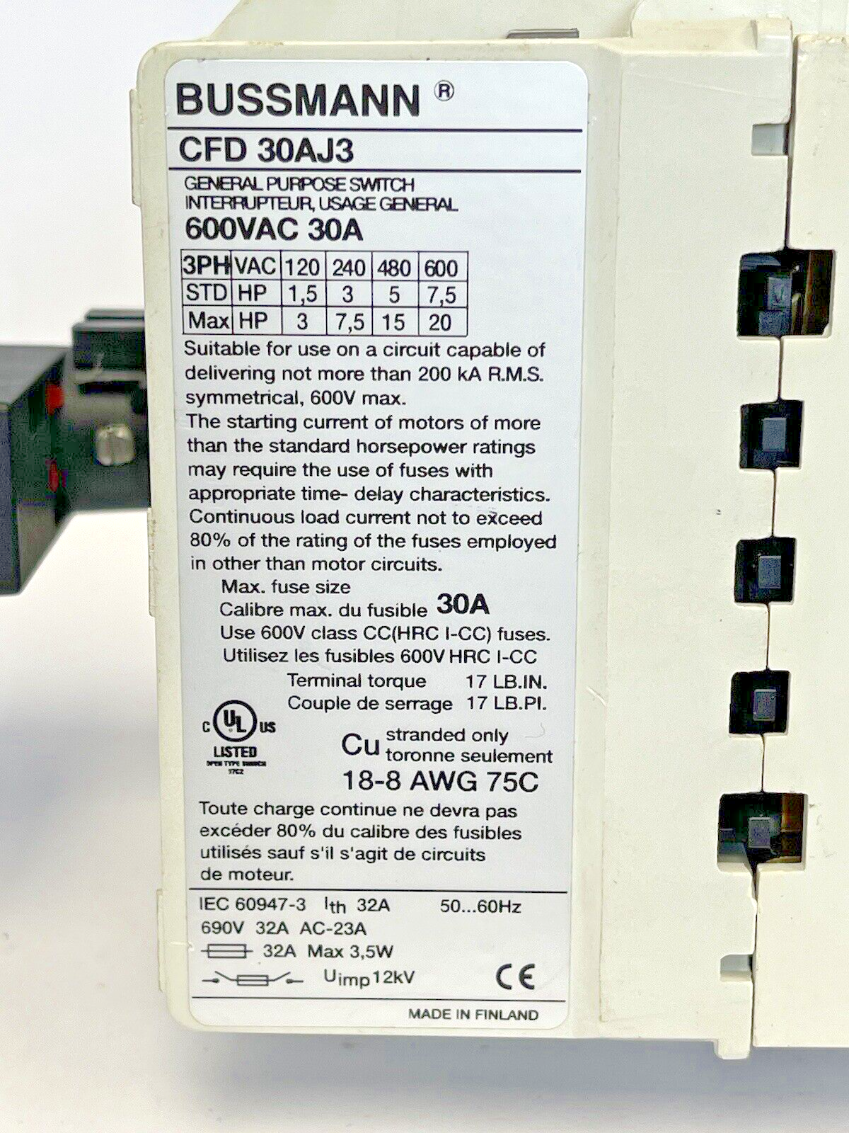 BUSSMANN - CFD 30J3 - FUSIBLE DISCONNECT SWITCH - 30A, 600V, 3 POLE