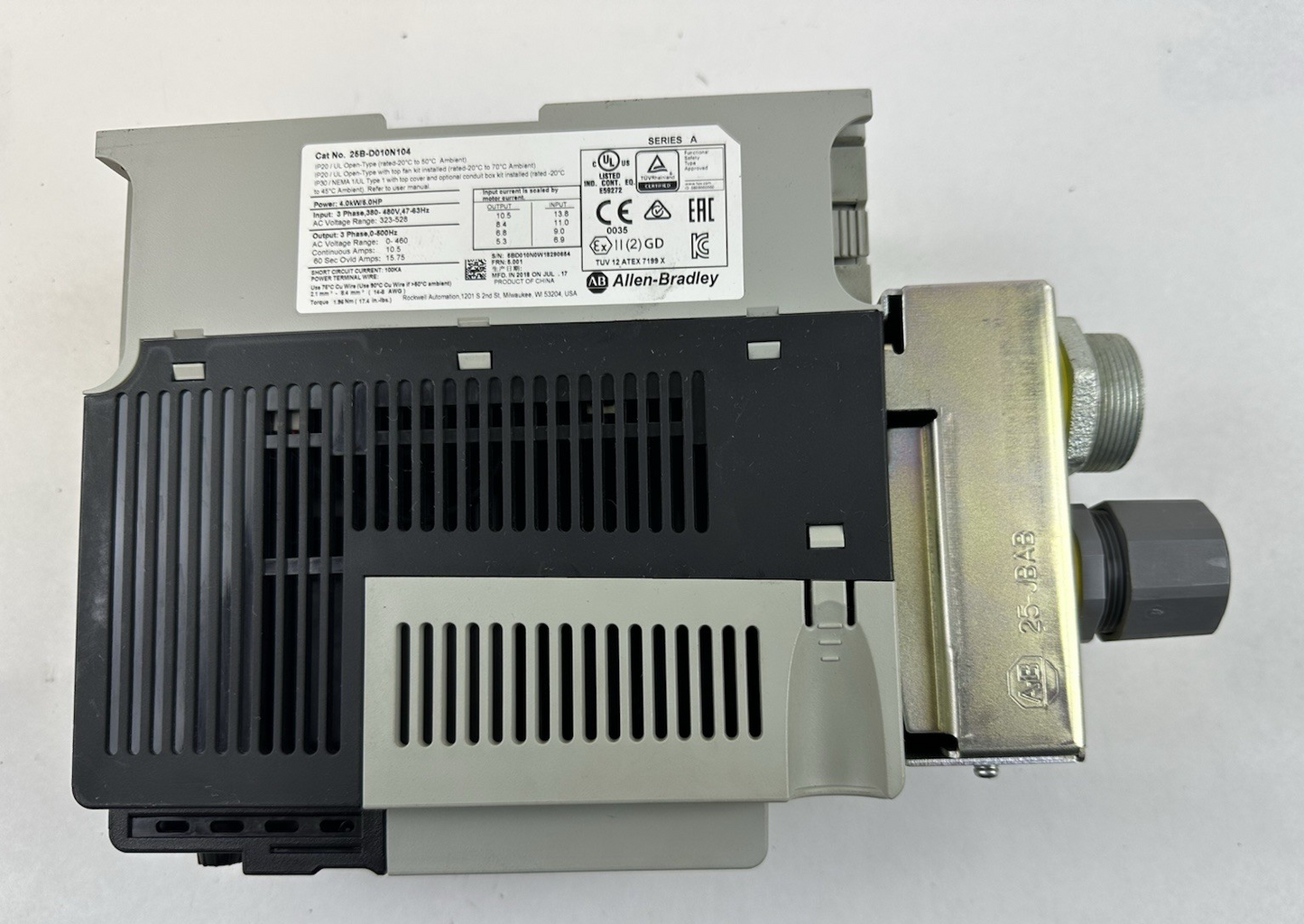 ALLEN-BRADLEY 25B-D010N104 AC DRIVE SER.A 528V FRN:5.001 4KW 5HP 3P W/25-JBAB