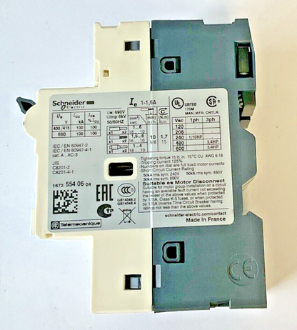 SCHNEIDER ELECTRIC GV2-RT06 MANUAL MOTOR STARTER 1-1.6A 600VAC
