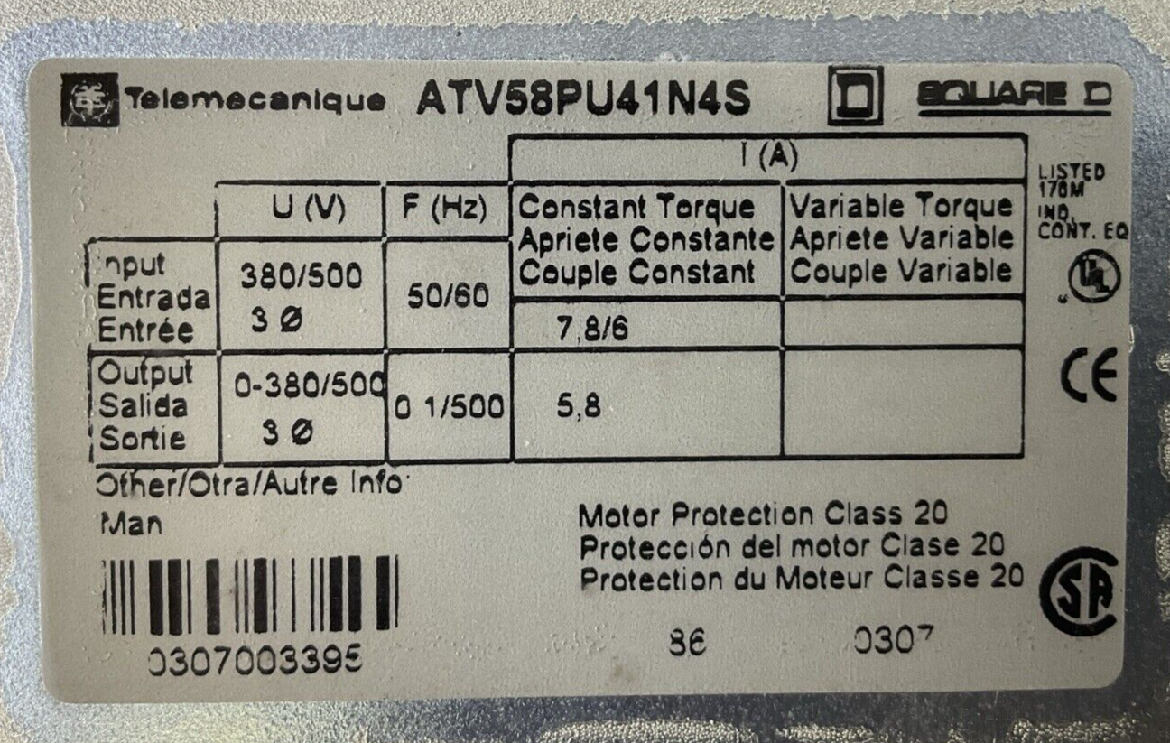 TELEMECANIQUE ATV58PU41N4S AC DRIVE 380/500V V5.1