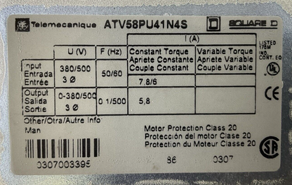 TELEMECANIQUE ATV58PU41N4S AC DRIVE 380/500V V5.1