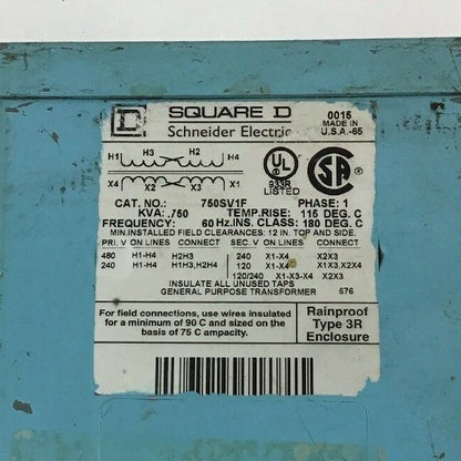 SQUARE D 750SV1F TRANSFORMER .750KVA 1PH 60HZ PRIM.240/480V SEC.120/240V