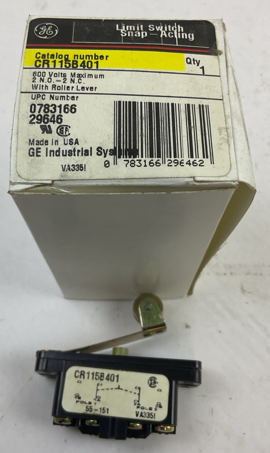 GE CR115B401 LIMIT SWITCH SNAP ACTING W/ROLLER LEVER 600V 2N.O.-2N.C.